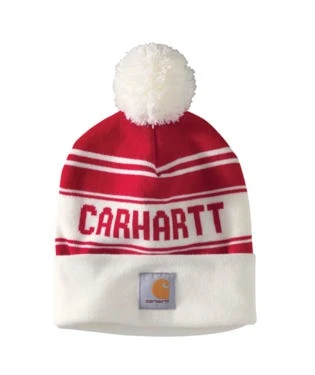Carhartt Hats: Unisex 105168 600 Red Knit Pom Pom Cuffed Logo Beanie 3 Carhartt Hats: Unisex 105168 600 Red Knit Pom Pom Cuffed Logo Beanie