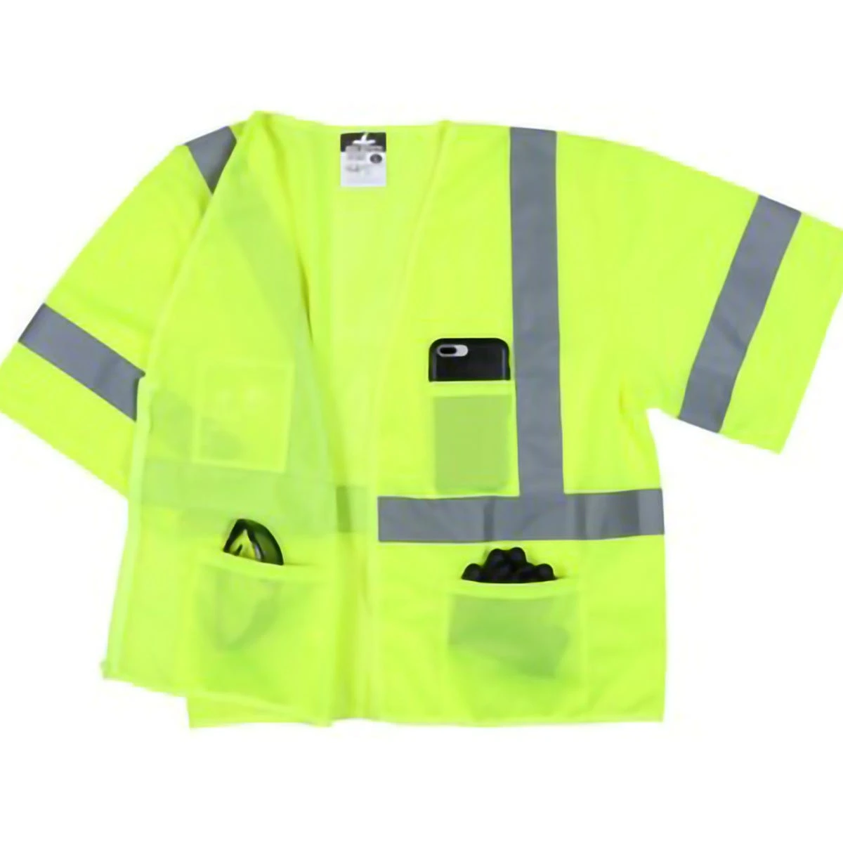MCR Safety Vests: Men's VCL3MLZ Lime Hi Vis Reflective Lime Mesh Fabric Silver Stripes Zipper Front Closure Safety Vest 4 MCR Safety Vests: Men's VCL3MLZ Lime Hi Vis Reflective Lime Mesh Fabric Silver Stripes Zipper Front Closure Safety Vest - Image 2