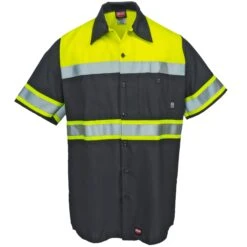 Red Kap Shirts: High Visibility Colorblock Men's SY80 YC Charcoal Button Down Shirt -Outlet Vestucia Store red kap sy80yc2 f 01